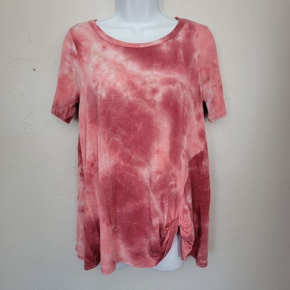 Emetla Women's Small Pink Tie Dye Short Sleeve Shirt Knotted Knot Bottom Top